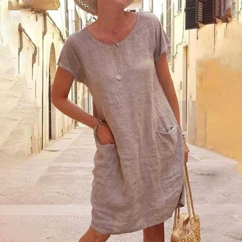 Women's Lightweight Linen Blend Shirt Dress - Relaxed Fit, Short Sleeve Khaki