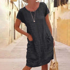 Women's Lightweight Linen Blend Shirt Dress - Relaxed Fit, Short Sleeve Black