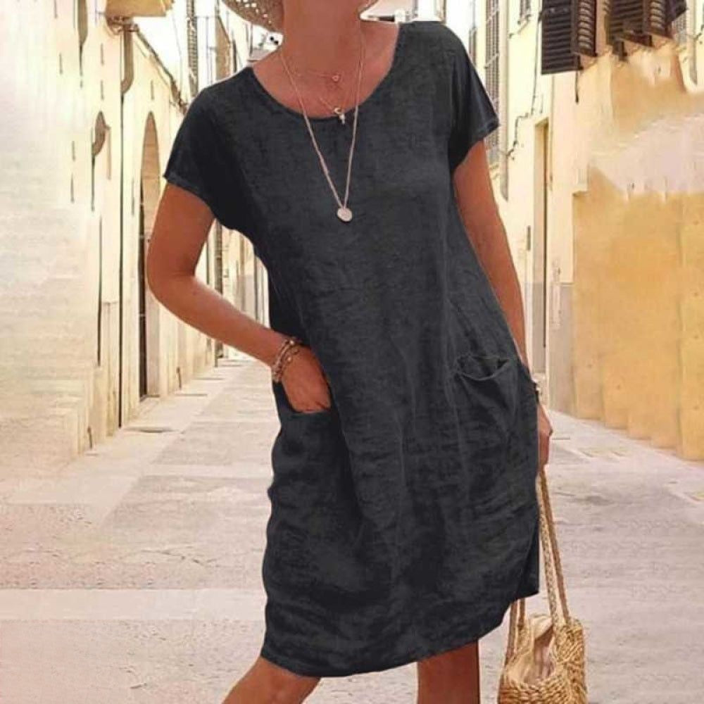 Women's Lightweight Linen Blend Shirt Dress - Relaxed Fit, Short Sleeve Black