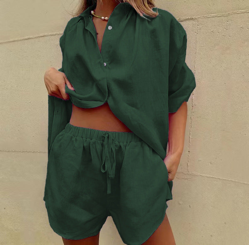 Women's Lightweight Linen Blend Two-Piece Set - Relaxed Fit Shirt & Shorts Dark Green