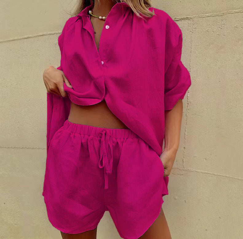 Women's Lightweight Linen Blend Two-Piece Set - Relaxed Fit Shirt & Shorts Rose Red