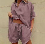 Women's Lightweight Linen Blend Two-Piece Set - Relaxed Fit Shirt & Shorts Pink