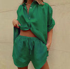 Women's Lightweight Linen Blend Two-Piece Set - Relaxed Fit Shirt & Shorts Green