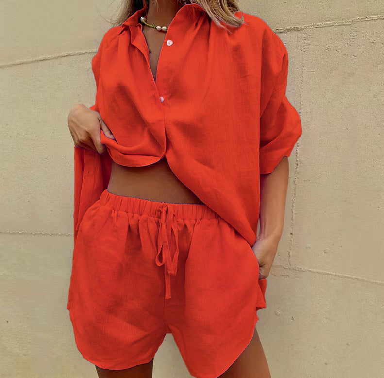 Women's Lightweight Linen Blend Two-Piece Set - Relaxed Fit Shirt & Shorts Red
