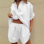 Women's Lightweight Linen Blend Two-Piece Set - Relaxed Fit Shirt & Shorts White
