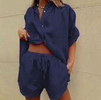 Women's Lightweight Linen Blend Two-Piece Set - Relaxed Fit Shirt & Shorts Navy