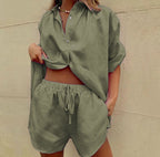Women's Lightweight Linen Blend Two-Piece Set - Relaxed Fit Shirt & Shorts Khaki