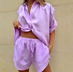 Women's Lightweight Linen Blend Two-Piece Set - Relaxed Fit Shirt & Shorts Purple
