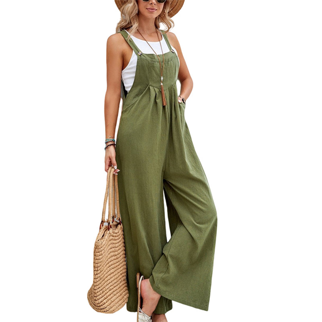 Women's Lightweight Linen Cotton Sleeveless Wide-Leg Jumpsuit Dark Green