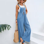 Women's Lightweight Linen Cotton Sleeveless Wide-Leg Jumpsuit Light Blue