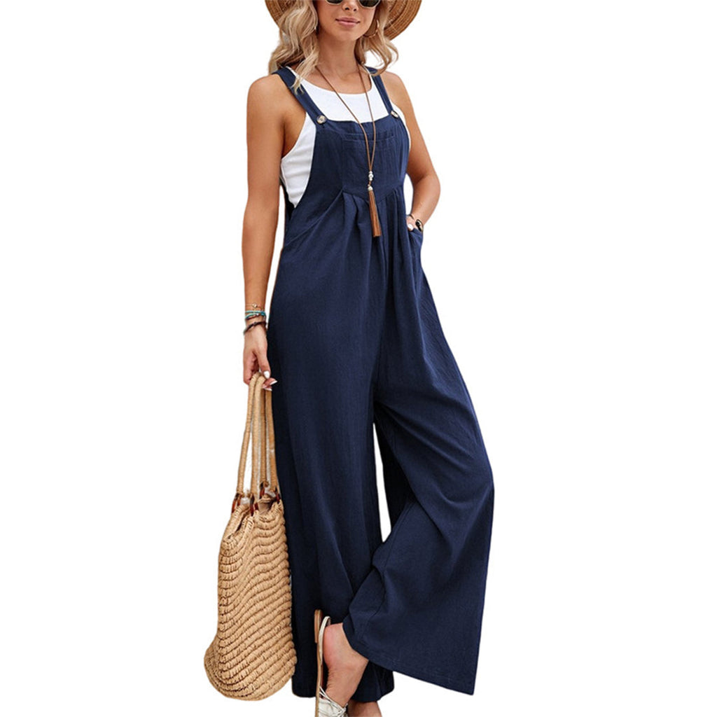 Women's Lightweight Linen Cotton Sleeveless Wide-Leg Jumpsuit Navy