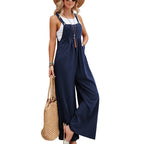 Women's Lightweight Linen Cotton Sleeveless Wide-Leg Jumpsuit Navy
