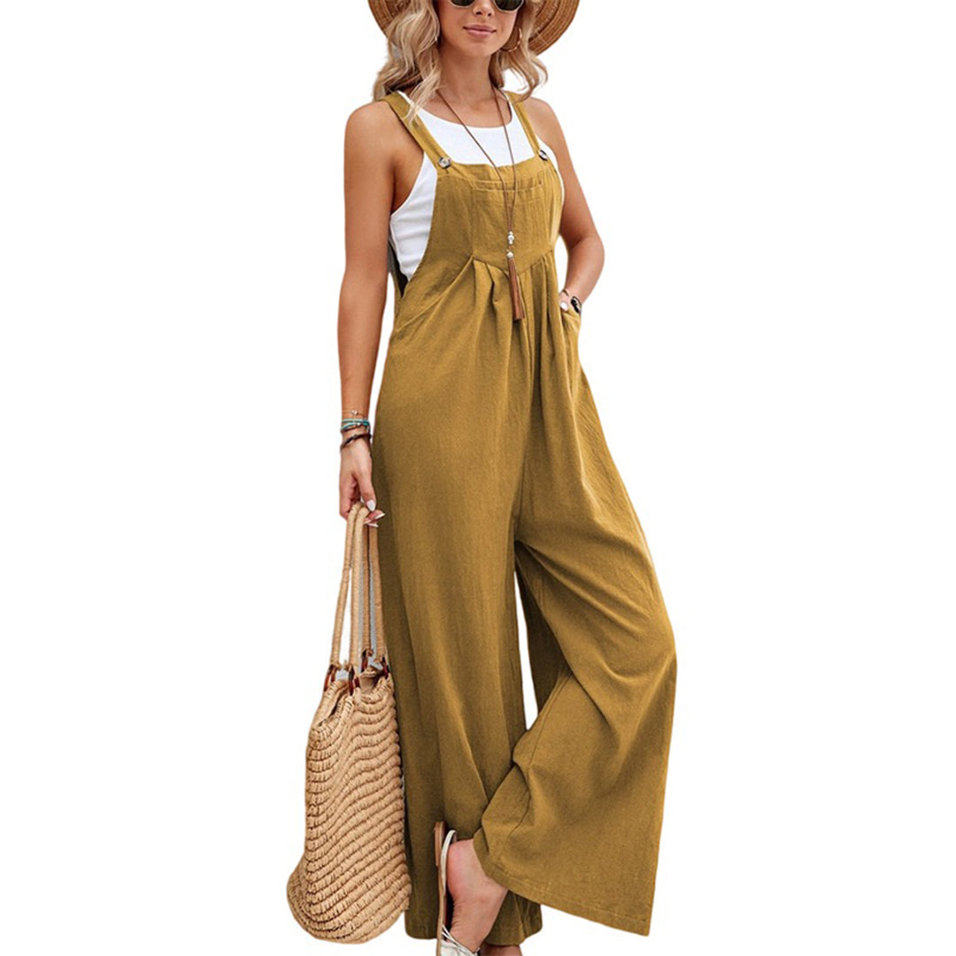 Women's Lightweight Linen Cotton Sleeveless Wide-Leg Jumpsuit Khaki