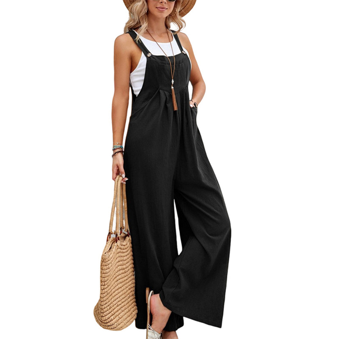 Women's Lightweight Linen Cotton Sleeveless Wide-Leg Jumpsuit Black