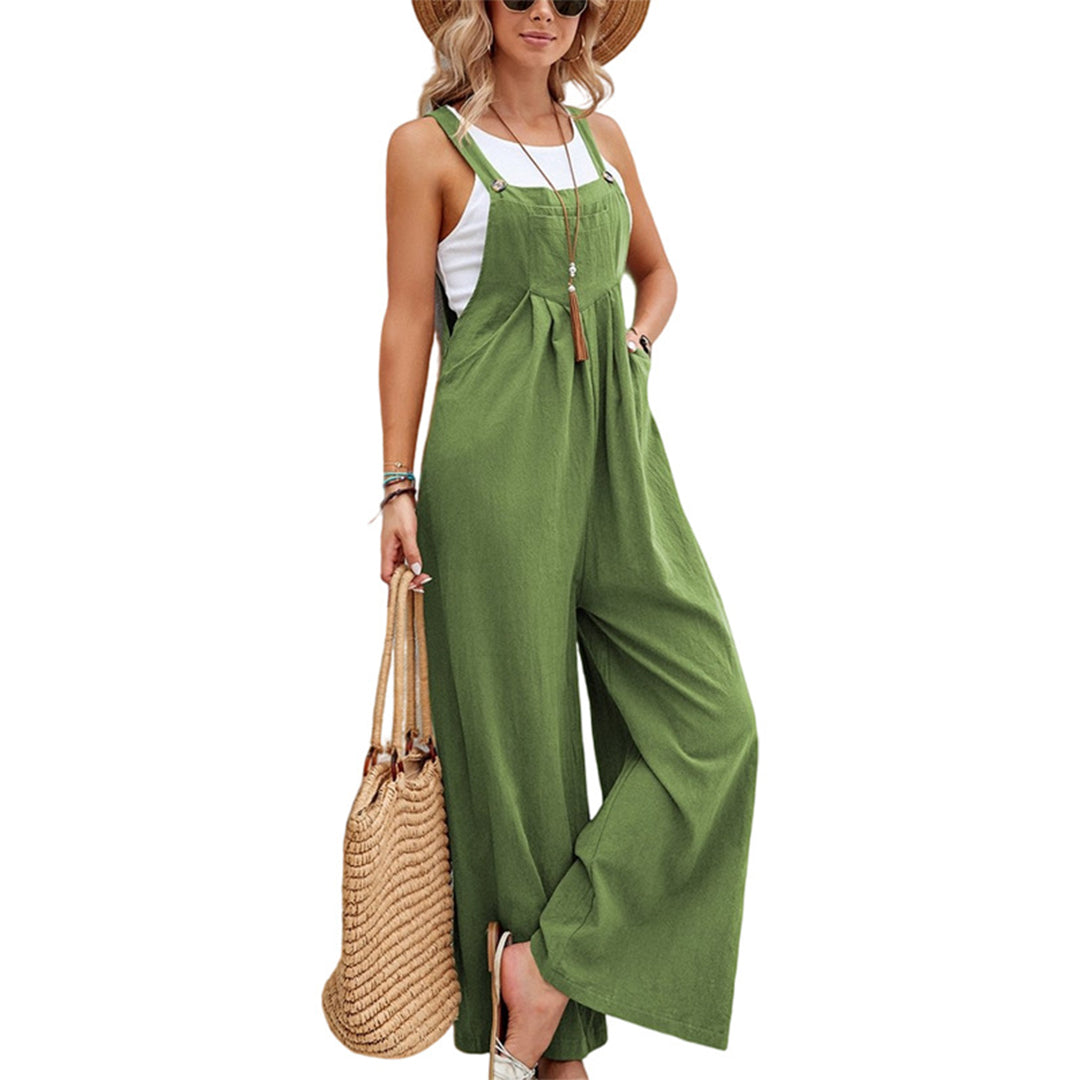 Women's Lightweight Linen Cotton Sleeveless Wide-Leg Jumpsuit Green