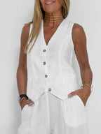 Women's Lightweight Linen Tailored Vest and Bottoms 2 Piece Set - Fitted Buttoned Front, Versatile