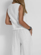 Women's Lightweight Linen Tailored Vest and Bottoms 2 Piece Set - Fitted Buttoned Front, Versatile
