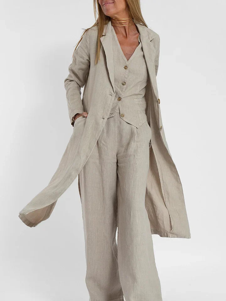 Women's Lightweight Linen Tailored Vest and Bottoms 2 Piece Set - Fitted Buttoned Front, Versatile