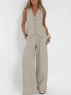 Women's Lightweight Linen Tailored Vest and Bottoms 2 Piece Set - Fitted Buttoned Front, Versatile Beige