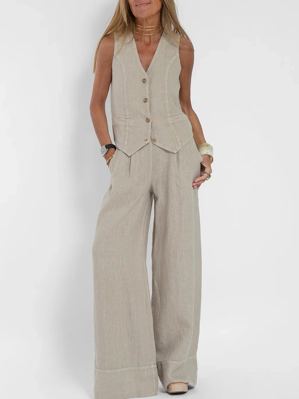 Women's Lightweight Linen Tailored Vest and Bottoms 2 Piece Set - Fitted Buttoned Front, Versatile Beige