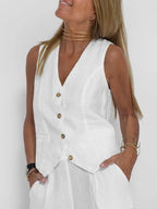 Women's Lightweight Linen Tailored Vest and Bottoms 2 Piece Set - Fitted Buttoned Front, Versatile