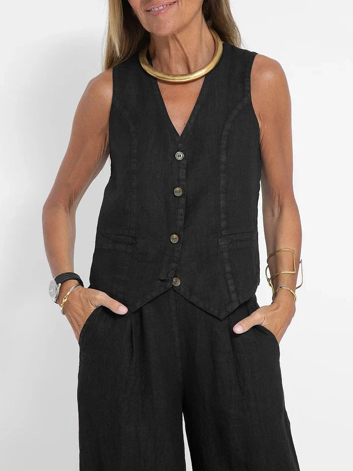 Women's Lightweight Linen Tailored Vest and Bottoms 2 Piece Set - Fitted Buttoned Front, Versatile