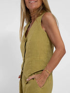 Women's Lightweight Linen Tailored Vest and Bottoms 2 Piece Set - Fitted Buttoned Front, Versatile