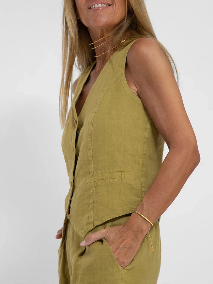 Women's Lightweight Linen Tailored Vest and Bottoms 2 Piece Set - Fitted Buttoned Front, Versatile