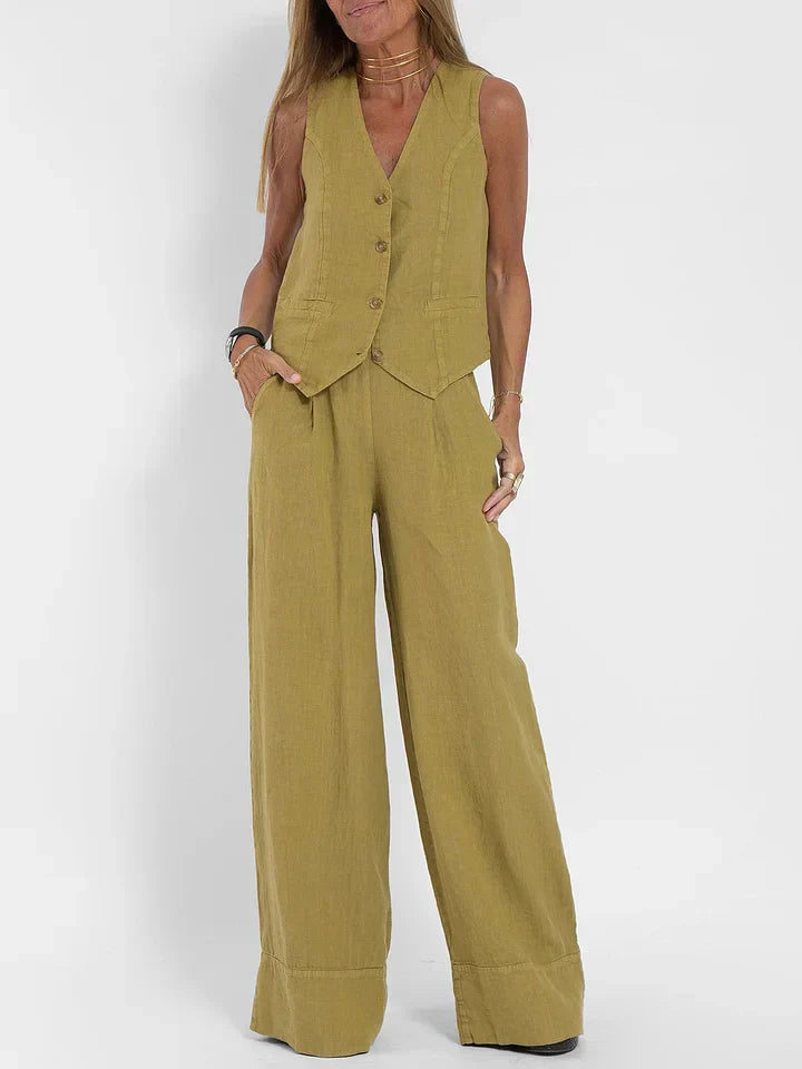 Women's Lightweight Linen Tailored Vest and Bottoms 2 Piece Set - Fitted Buttoned Front, Versatile Khaki