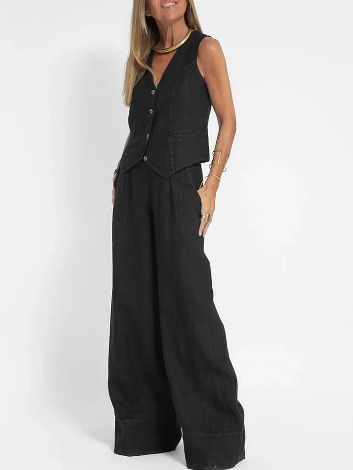 Women's Lightweight Linen Tailored Vest and Bottoms 2 Piece Set - Fitted Buttoned Front, Versatile Black