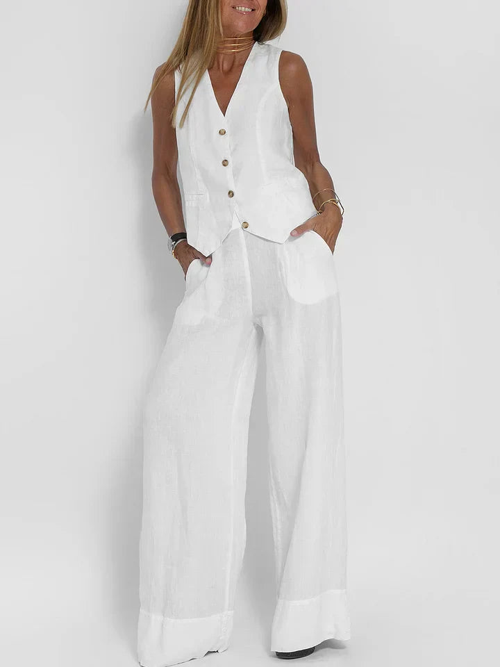 Women's Lightweight Linen Tailored Vest and Bottoms 2 Piece Set - Fitted Buttoned Front, Versatile White