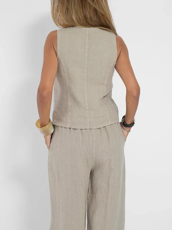 Women's Lightweight Linen Tailored Vest and Bottoms 2 Piece Set - Fitted Buttoned Front, Versatile