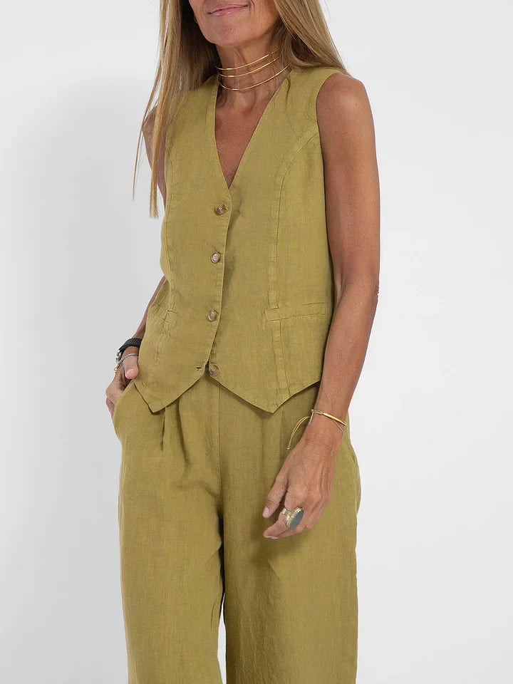 Women's Lightweight Linen Tailored Vest and Bottoms 2 Piece Set - Fitted Buttoned Front, Versatile
