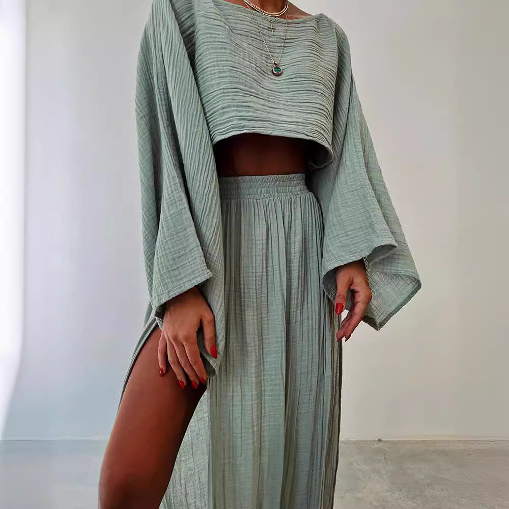 Women’s Summer Linen Blend 2 Piece Set | Cropped Boat Neck Top with 3/4 Sleeves & High Slit Maxi Skirt, Relaxed Casual Outfit