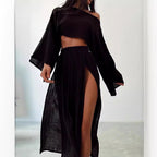 Women’s Summer Linen Blend 2 Piece Set | Cropped Boat Neck Top with 3/4 Sleeves & High Slit Maxi Skirt, Relaxed Casual Outfit Black