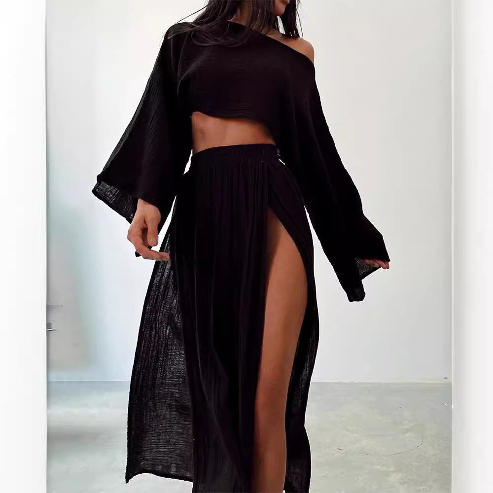 Women’s Summer Linen Blend 2 Piece Set | Cropped Boat Neck Top with 3/4 Sleeves & High Slit Maxi Skirt, Relaxed Casual Outfit Black