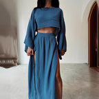 Women’s Summer Linen Blend 2 Piece Set | Cropped Boat Neck Top with 3/4 Sleeves & High Slit Maxi Skirt, Relaxed Casual Outfit Blue