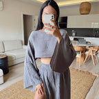 Women’s Summer Linen Blend 2 Piece Set | Cropped Boat Neck Top with 3/4 Sleeves & High Slit Maxi Skirt, Relaxed Casual Outfit Grey