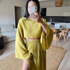 Women’s Summer Linen Blend 2 Piece Set | Cropped Boat Neck Top with 3/4 Sleeves & High Slit Maxi Skirt, Relaxed Casual Outfit Yellow