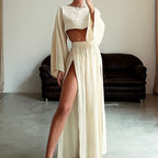 Women’s Summer Linen Blend 2 Piece Set | Cropped Boat Neck Top with 3/4 Sleeves & High Slit Maxi Skirt, Relaxed Casual Outfit Beige