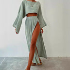 Women’s Summer Linen Blend 2 Piece Set | Cropped Boat Neck Top with 3/4 Sleeves & High Slit Maxi Skirt, Relaxed Casual Outfit Khaki