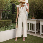 Women's Linen Blend High Waist Jumpsuit with Ruffle Sleeves in Beige Apricot, Straight Leg