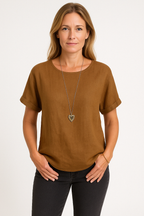 Women's Linen Blend Loose Fit T-Shirt - Short Sleeve Curved Hem Casual Brown