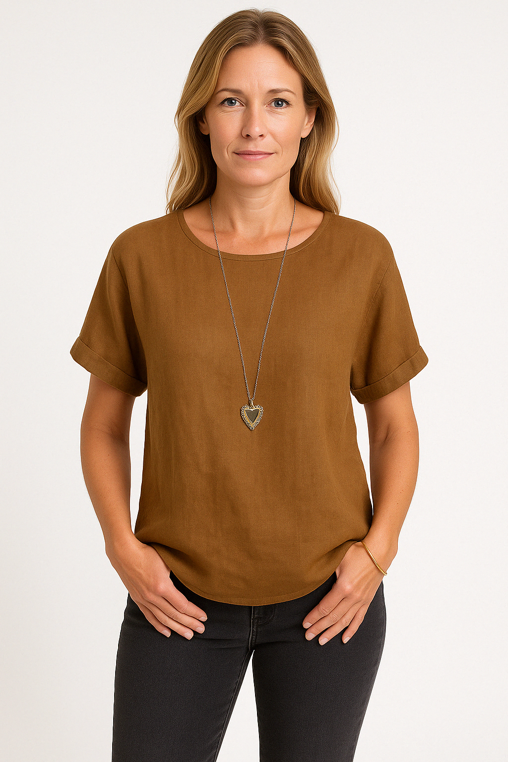 Women's Linen Blend Loose Fit T-Shirt - Short Sleeve Curved Hem Casual Brown