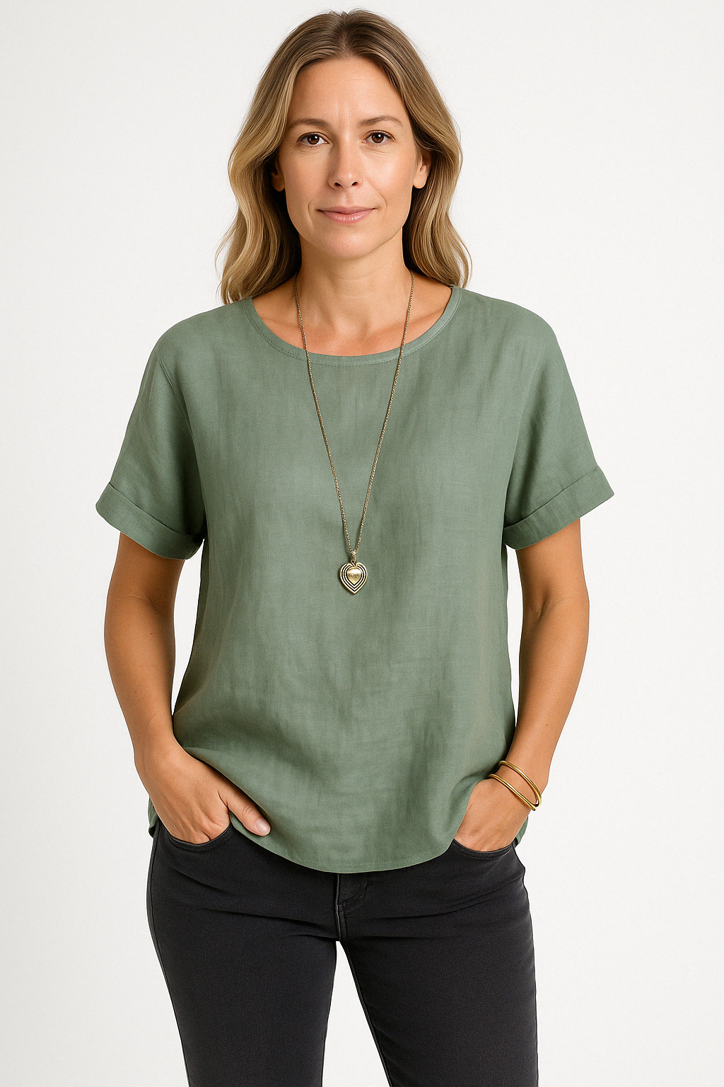 Women's Linen Blend Loose Fit T-Shirt - Short Sleeve Curved Hem Casual Green