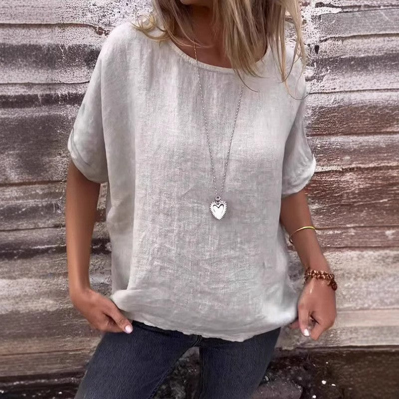 Women's Linen Blend Loose Fit T-Shirt - Short Sleeve Curved Hem Casual