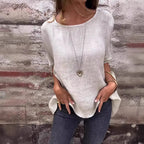 Women's Linen Blend Loose Fit T-Shirt - Short Sleeve Curved Hem Casual
