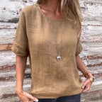 Women's Linen Blend Loose Fit T-Shirt - Short Sleeve Curved Hem Casual
