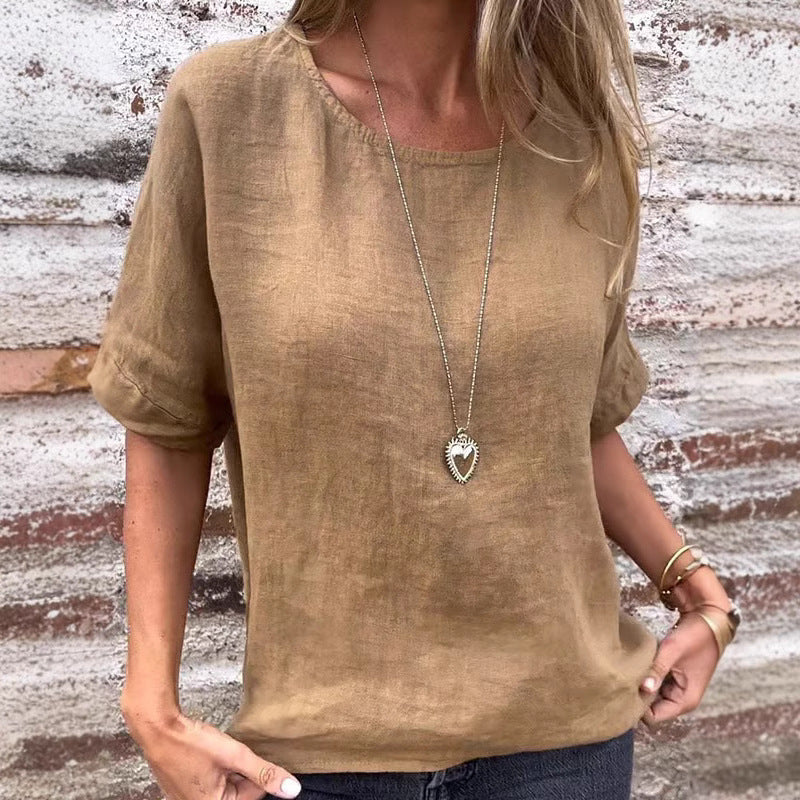Women's Linen Blend Loose Fit T-Shirt - Short Sleeve Curved Hem Casual