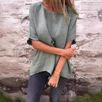 Women's Linen Blend Loose Fit T-Shirt - Short Sleeve Curved Hem Casual